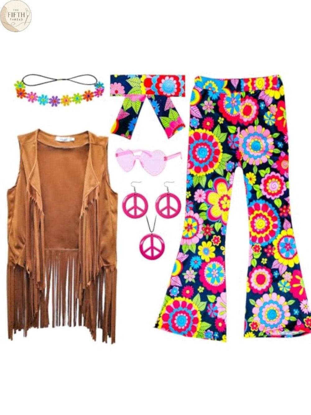 Girls 60s 70s Hippie Costume Set Fringe Vest Bell Bottoms Disco Outfit